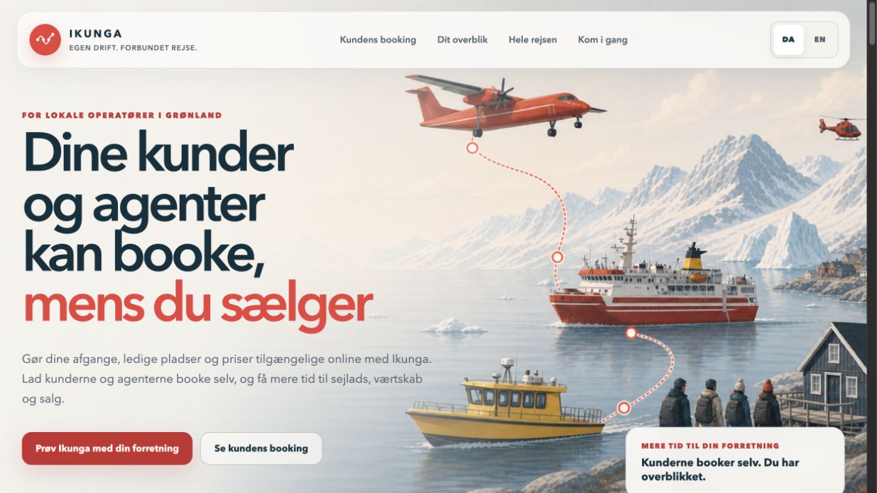 Skærmbillede af Ikungas aktuelle forside om kundebooking og agentsalg