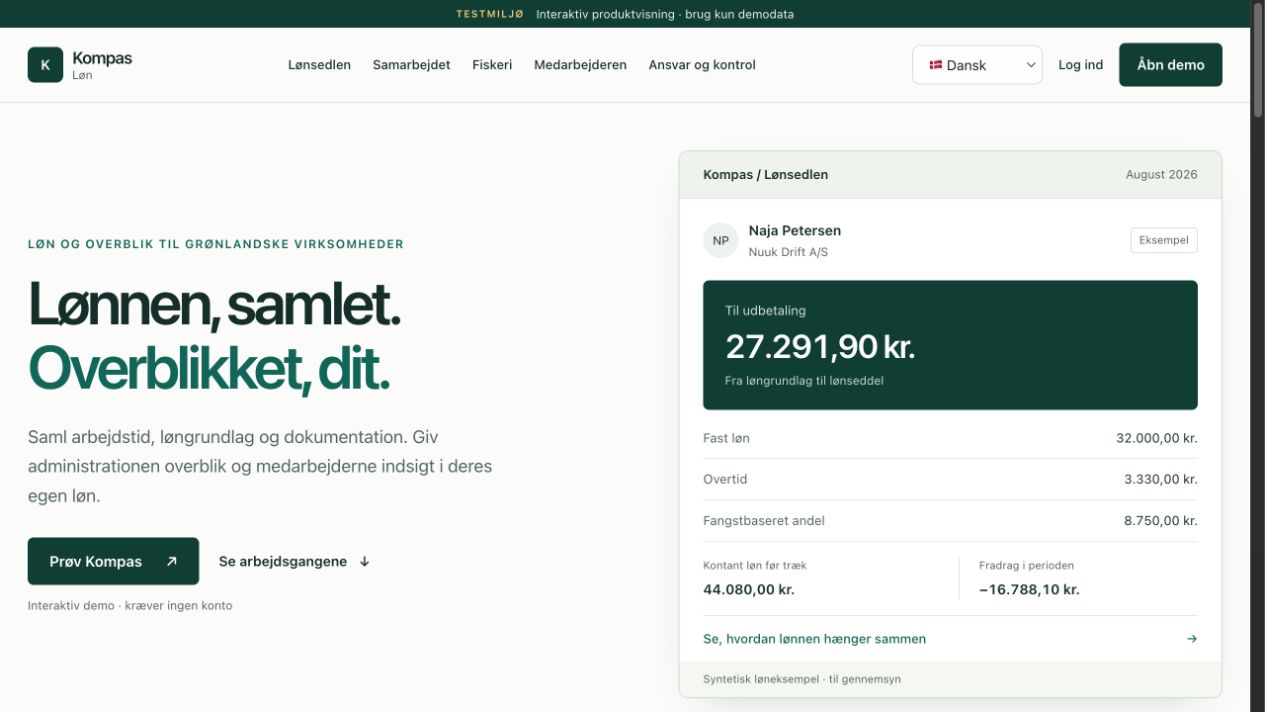 Skærmbillede af den aktuelle forside for Kompas