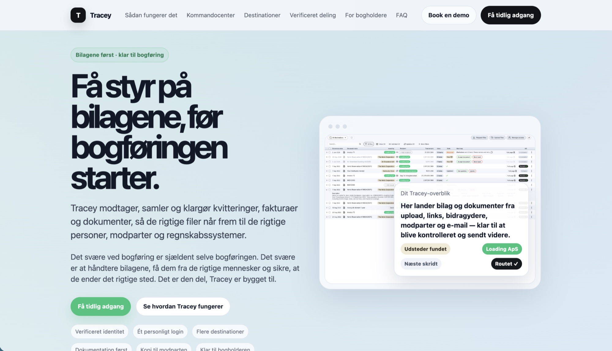 Tidligere produktvisning af Tracey Documents med bilag og dokumentoverblik
