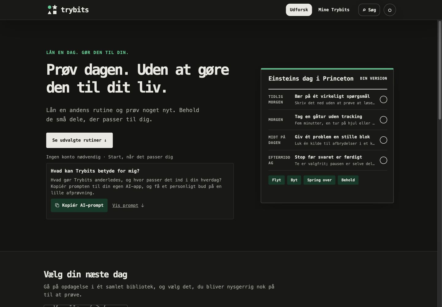 Skærmbillede af den aktuelle forside for Trybits